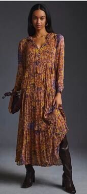 Anthropologie The Marais Printed Chiffon Tiered Maxi Dress, Medium Petite